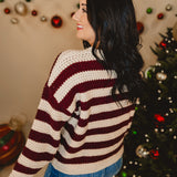 Relaxed Striped Pullover Sweater - Oxblood