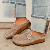 Birkenstock Buckley Suede Leather Shearling Clog - Stone Coin