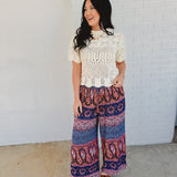 Boho Smocking Waist Wide Leg Pants - Blue/Mauve