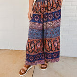 Boho Smocking Waist Wide Leg Pants - Blue/Mauve