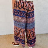 Boho Smocking Waist Wide Leg Pants - Blue/Mauve