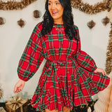 Christmas Plaid Belted Mini Dress - Red Multi