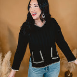 Stitching Detail Wide Rib Sweater Top - Black/Cream