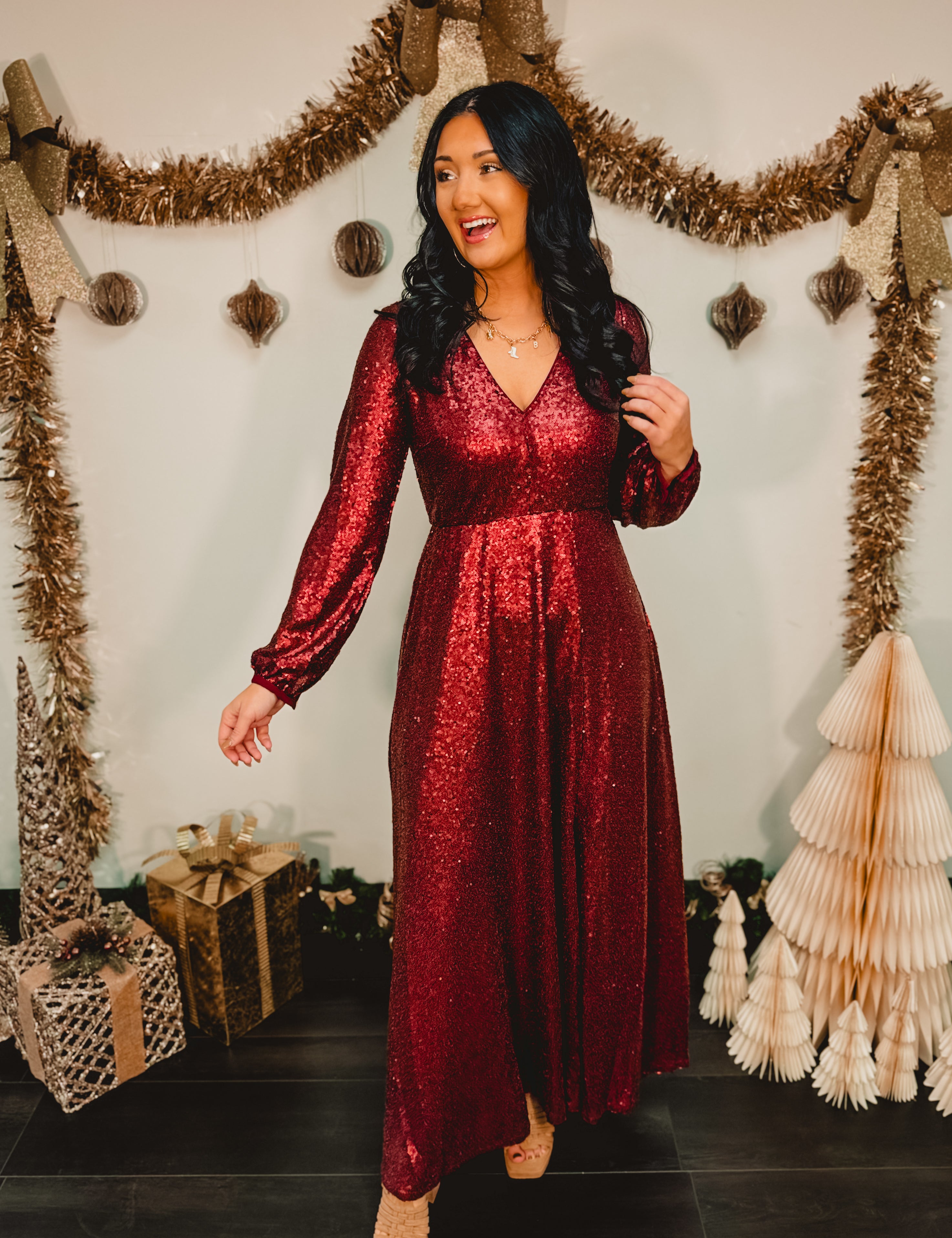 Sequin V-Neck Long Sleeve Maxi Dress - Merlot Small Sequin V-Neck Long Sleeve Maxi Dress - Merlot Small