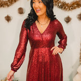 Sequin V-Neck Long Sleeve Maxi Dress - Merlot