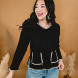 Stitching Detail Wide Rib Sweater Top - Black/Cream