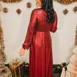 Sequin V-Neck Long Sleeve Maxi Dress - Merlot