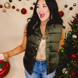 Velvet Puffer Vest - Olive