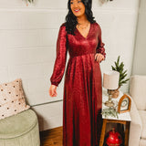 Sequin V-Neck Long Sleeve Maxi Dress - Merlot