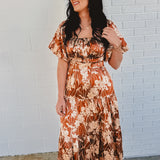 Puff Sleeve Floral Silky Maxi Dress - Butterscotch