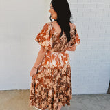 Puff Sleeve Floral Silky Maxi Dress - Butterscotch