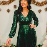Sequin V-Neck Long Sleeve Maxi Dress - Pine