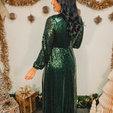Sequin V-Neck Long Sleeve Maxi Dress - Pine