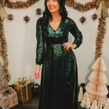 Sequin V-Neck Long Sleeve Maxi Dress - Pine