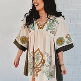 Boho Embroidered Babydoll Dress - Sage
