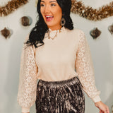 Mix Media Lace Sleeve Ribbed Sweater - Cream