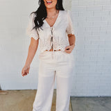 Eyelet Trim Top & Pant Set - Natural