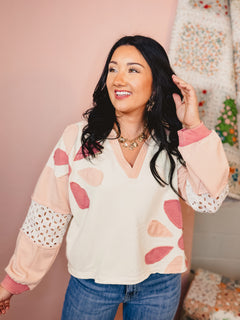 Oli & Hali Washed Daisy Patch Pullover - Pink - Lace and Grace Boutique