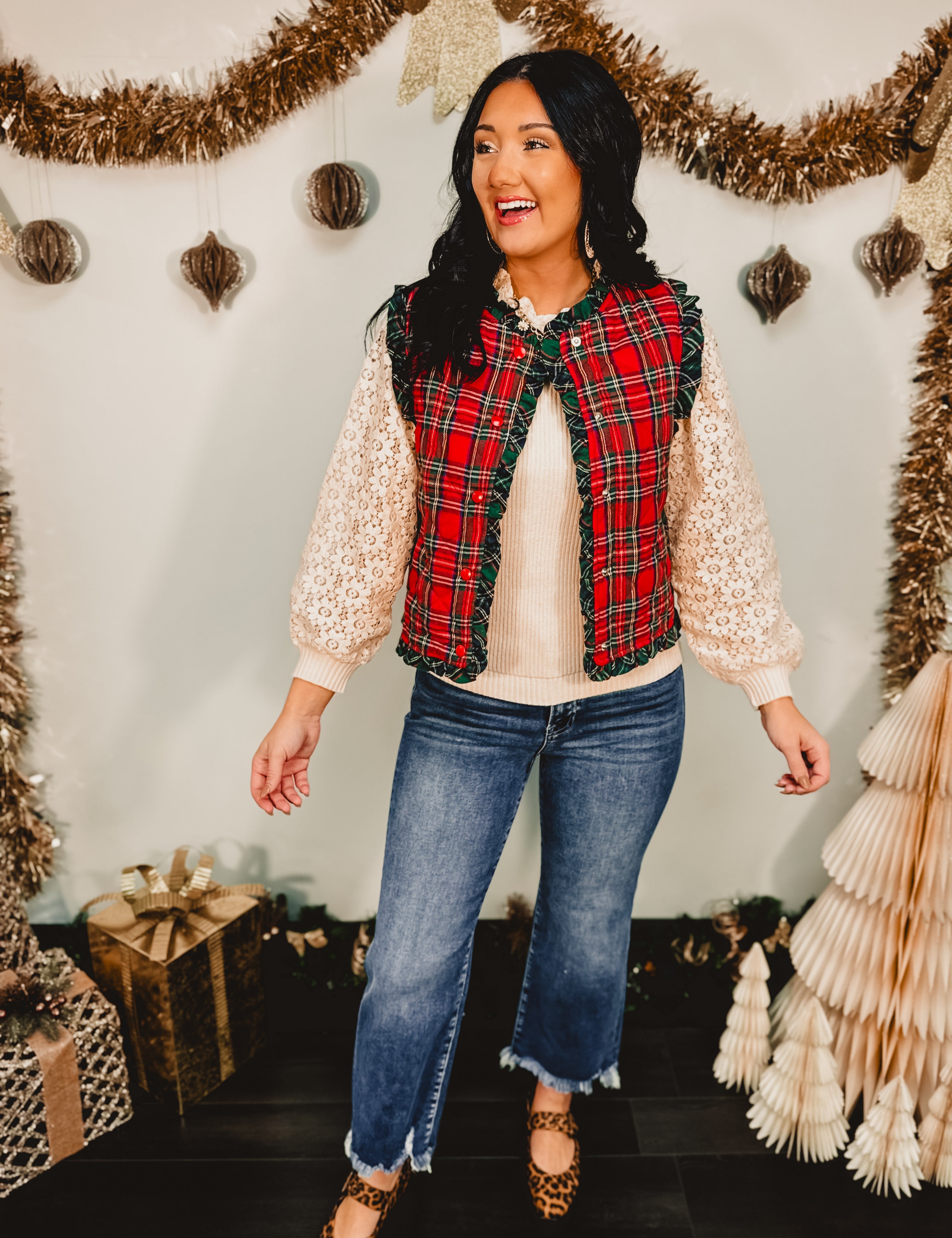 Christmas Plaid Ruffle Edge Quilted Vest - Red Multi - Lace and Grace Boutique