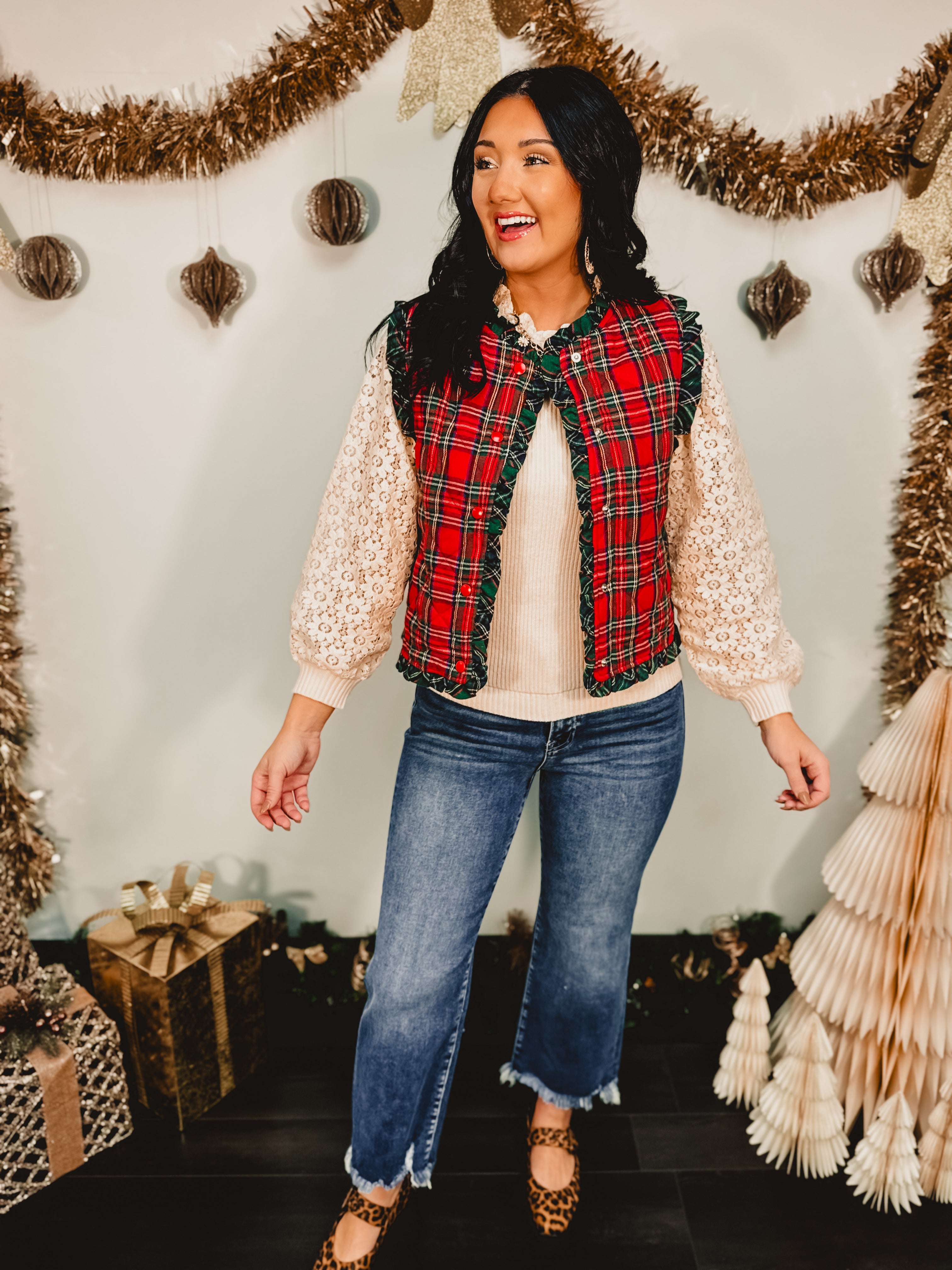 Christmas Plaid Ruffle Edge Quilted Vest - Red Multi - Lace and Grace Boutique