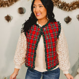 Christmas Plaid Ruffle Edge Quilted Vest - Red Multi - Lace and Grace Boutique