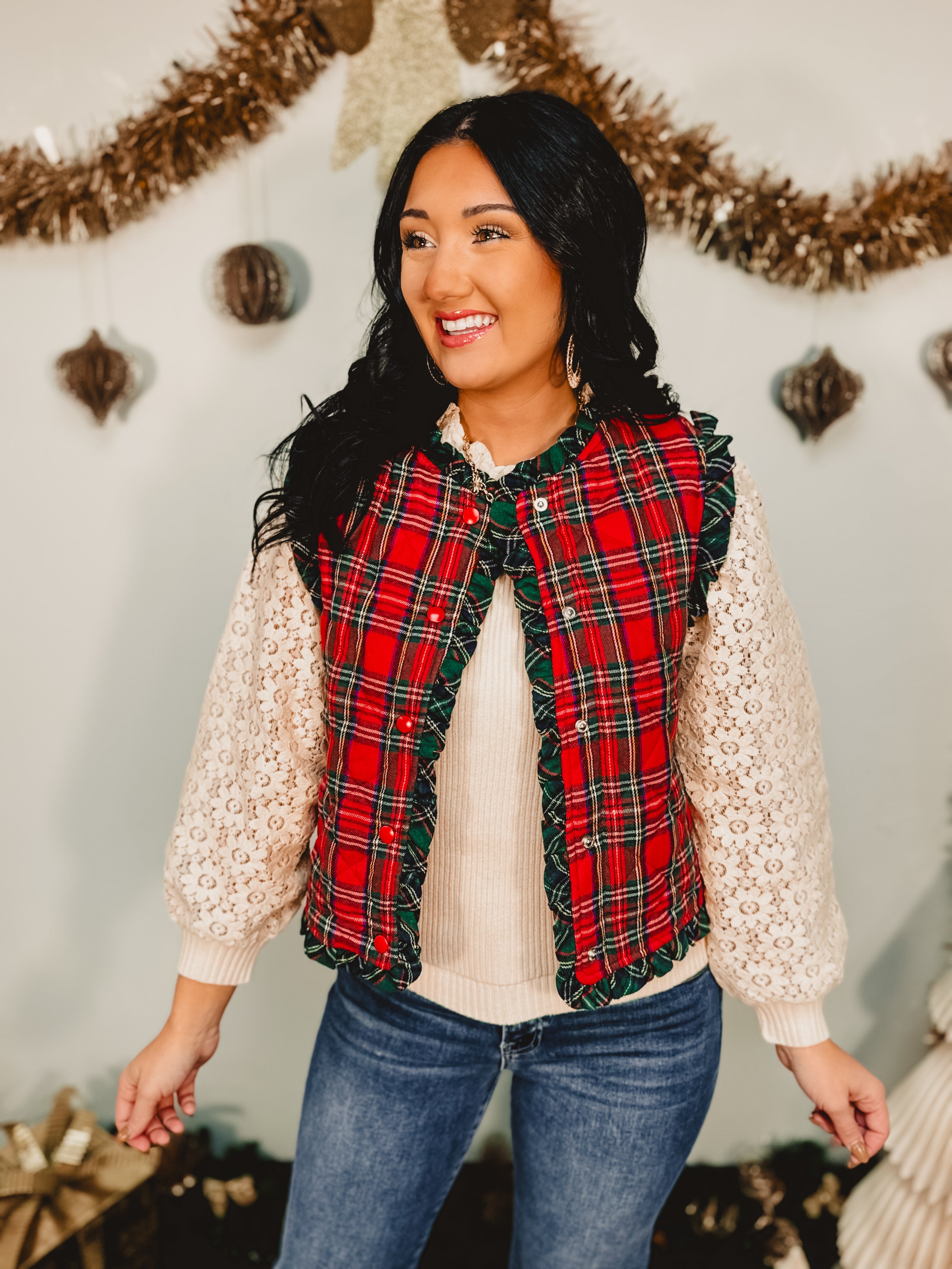 Christmas Plaid Ruffle Edge Quilted Vest - Red Multi - Lace and Grace Boutique