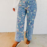 Allover Floral Denim Pants - Denim
