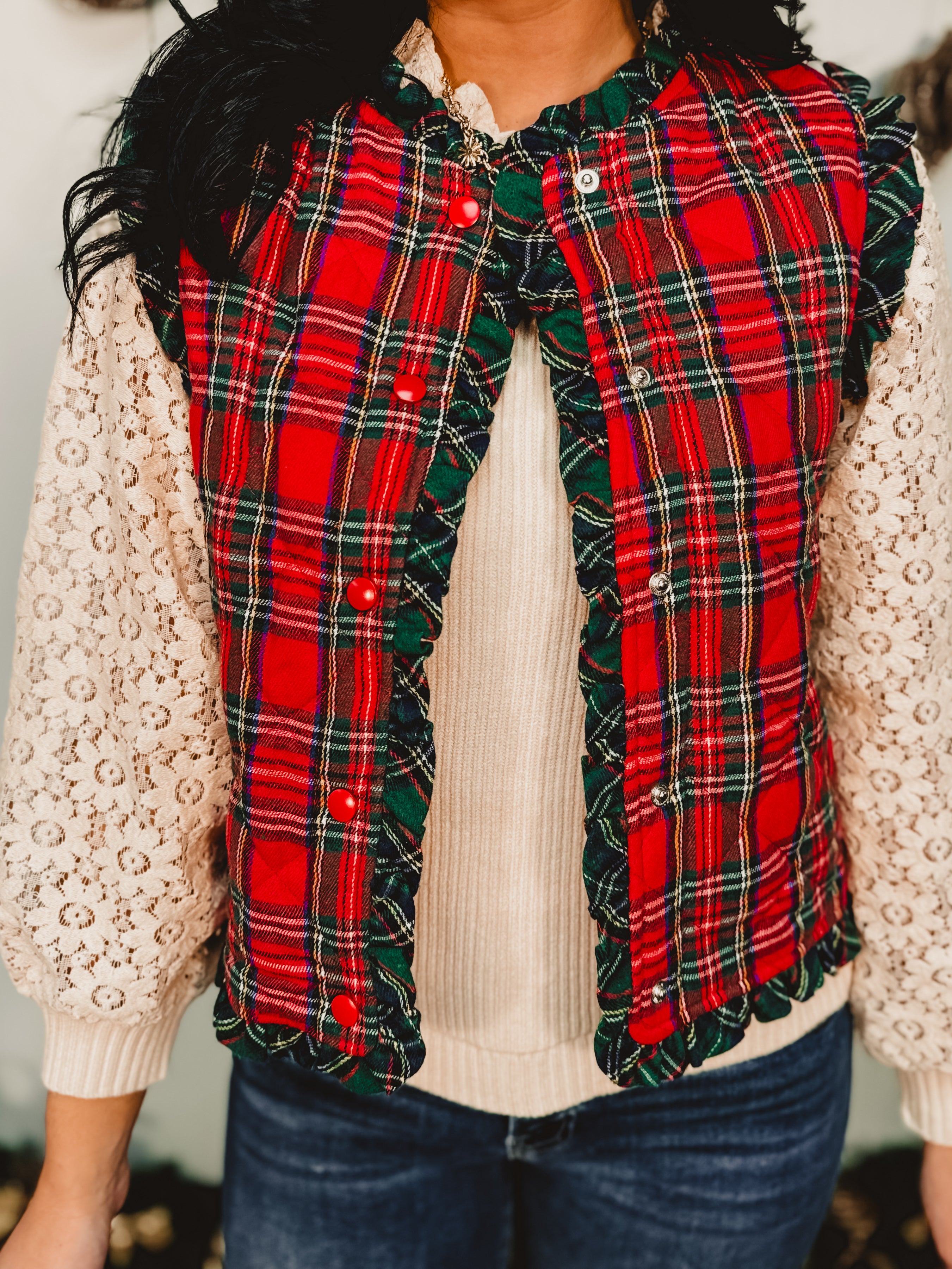 Christmas Plaid Ruffle Edge Quilted Vest - Red Multi - Lace and Grace Boutique