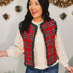 Christmas Plaid Ruffle Edge Quilted Vest - Red Multi - Lace and Grace Boutique
