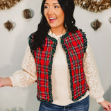 Christmas Plaid Ruffle Edge Quilted Vest - Red Multi - Lace and Grace Boutique