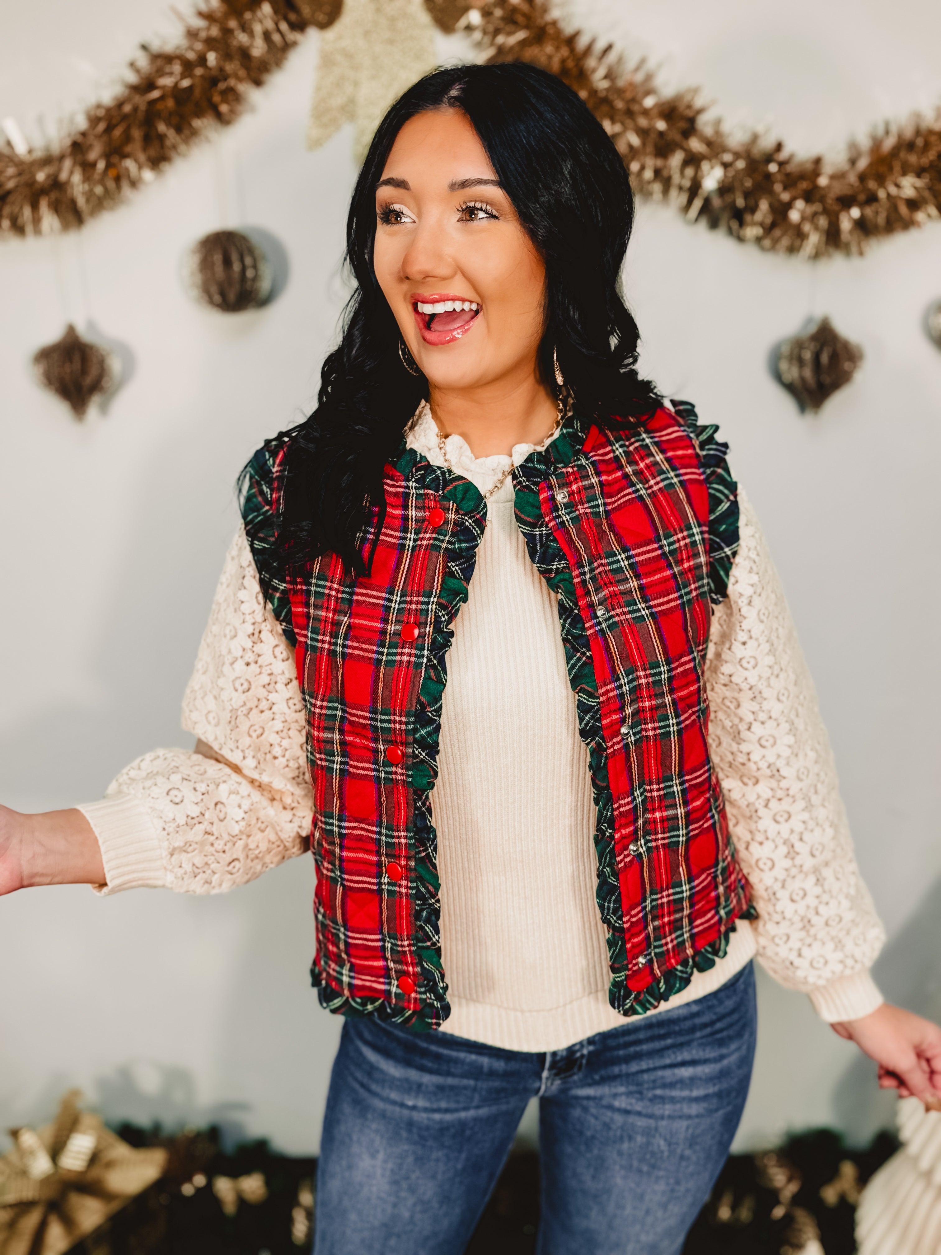 Christmas Plaid Ruffle Edge Quilted Vest - Red Multi - Lace and Grace Boutique