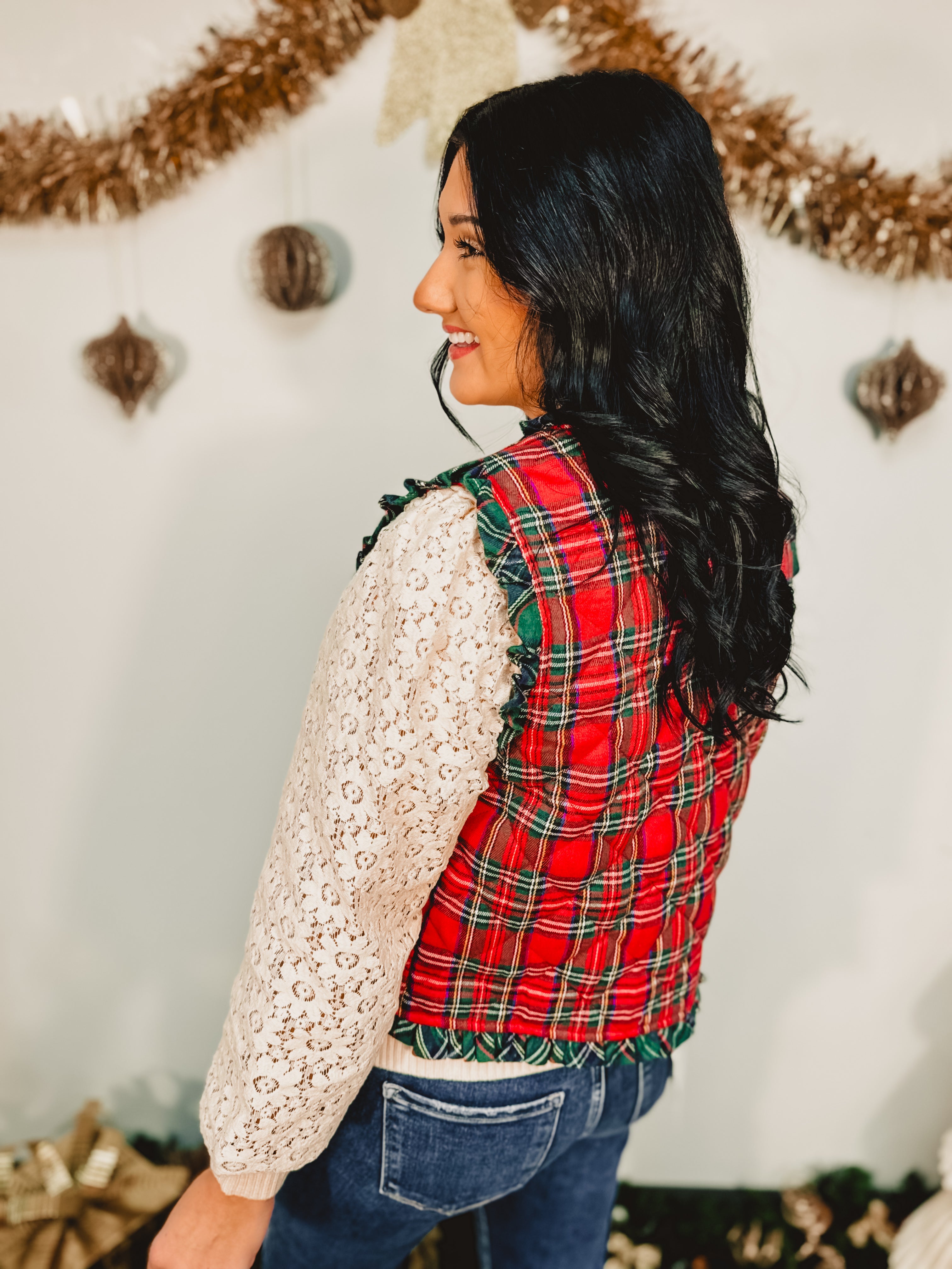 Christmas Plaid Ruffle Edge Quilted Vest - Red Multi - Lace and Grace Boutique