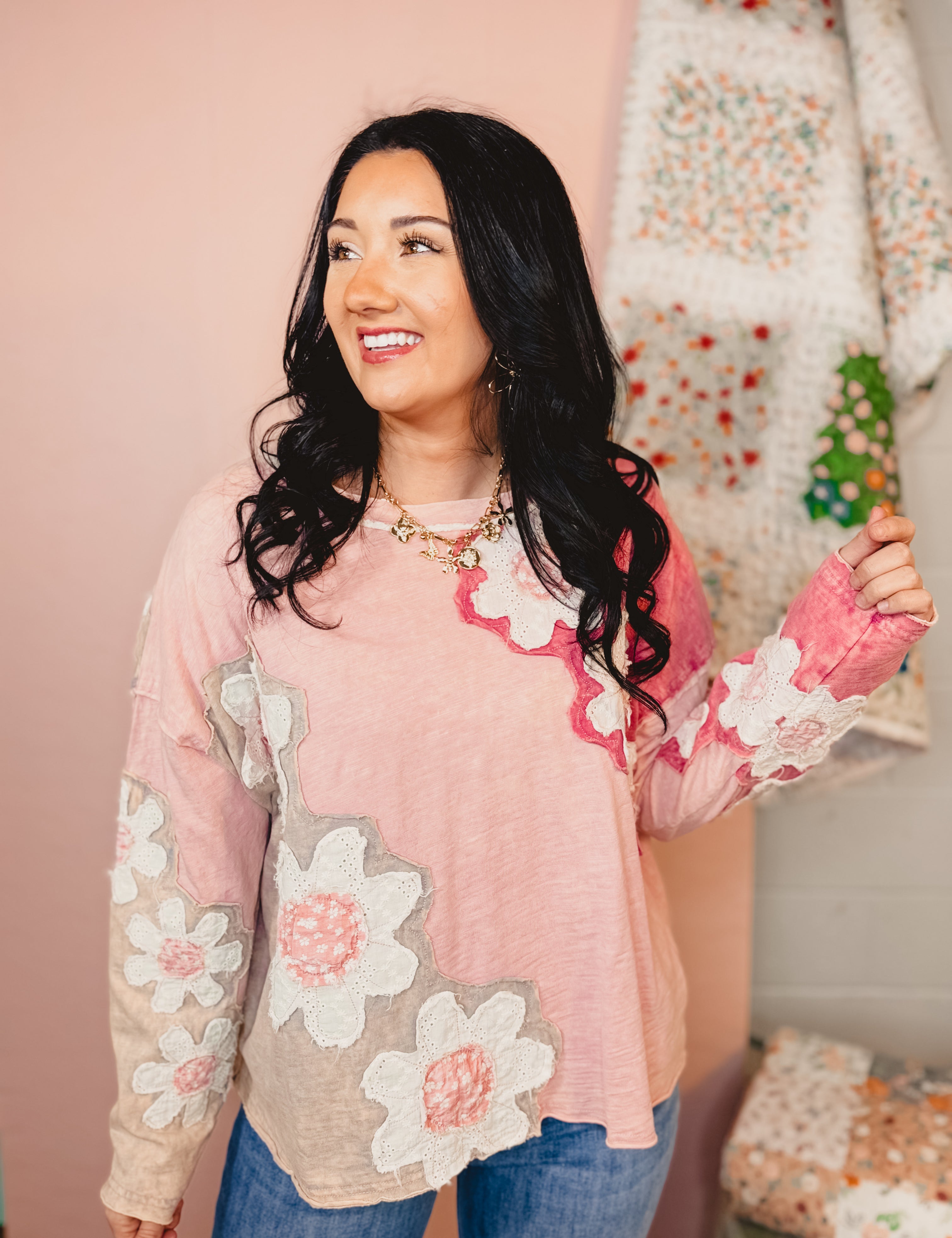 Oli & Hali Eyelet Flower Patch Top - Pink - Lace and Grace Boutique