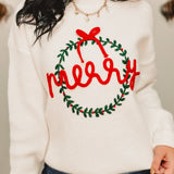 Merry Wreath & Bow Knit Sweater - White