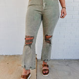 Kimmy Acid Washed High Waisted Distressed Jeans - Light Olive