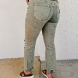 Kimmy Acid Washed High Waisted Distressed Jeans - Light Olive