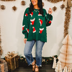 Santa Hat Exposed Seam Knit Sweater - Green - Lace and Grace Boutique