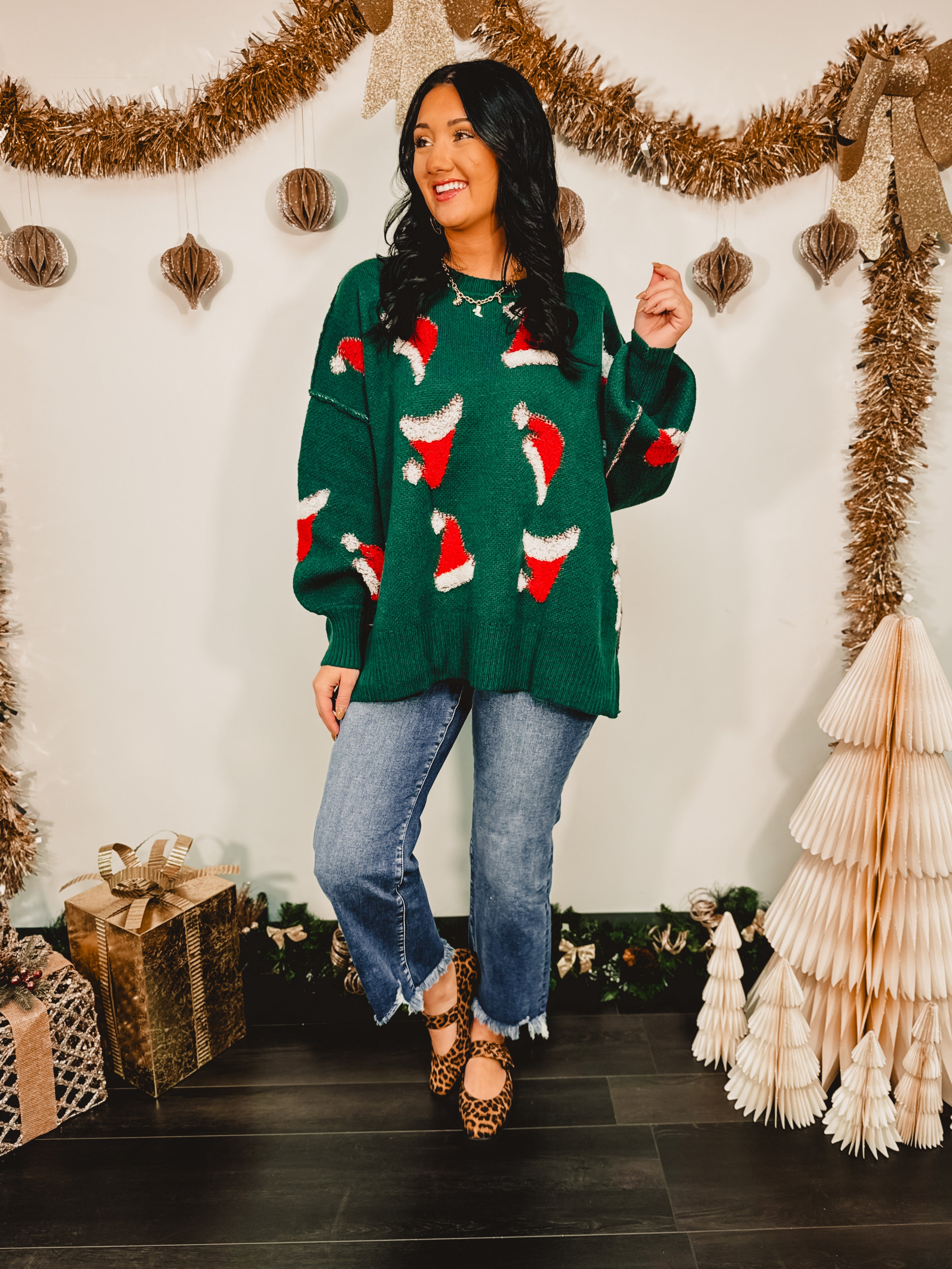 Santa Hat Exposed Seam Knit Sweater - Green - Lace and Grace Boutique