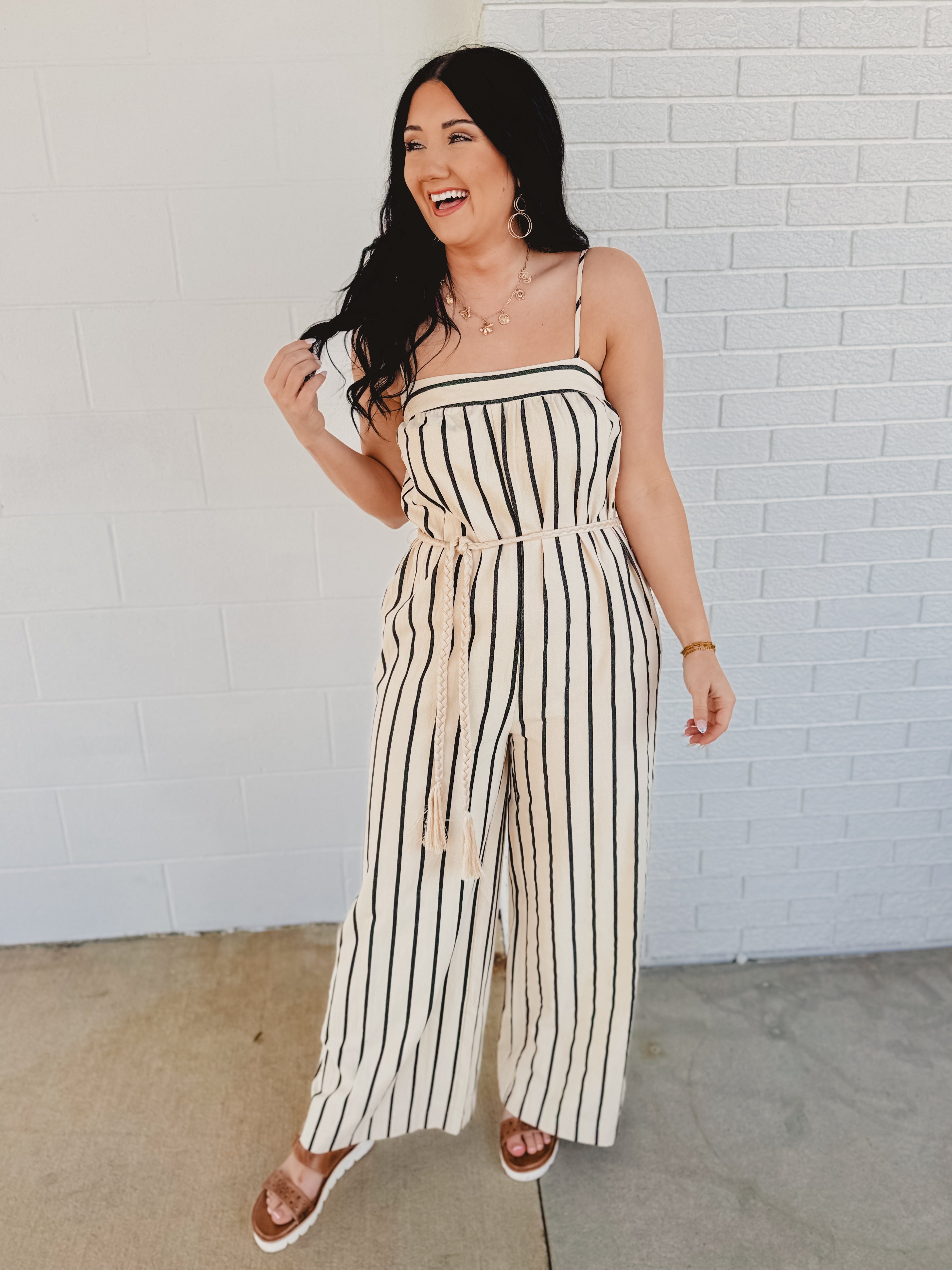 Striped Woven Jumpsuit - Taupe/Black - Lace and Grace Boutique