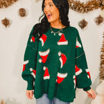 Santa Hat Exposed Seam Knit Sweater - Green - Lace and Grace Boutique