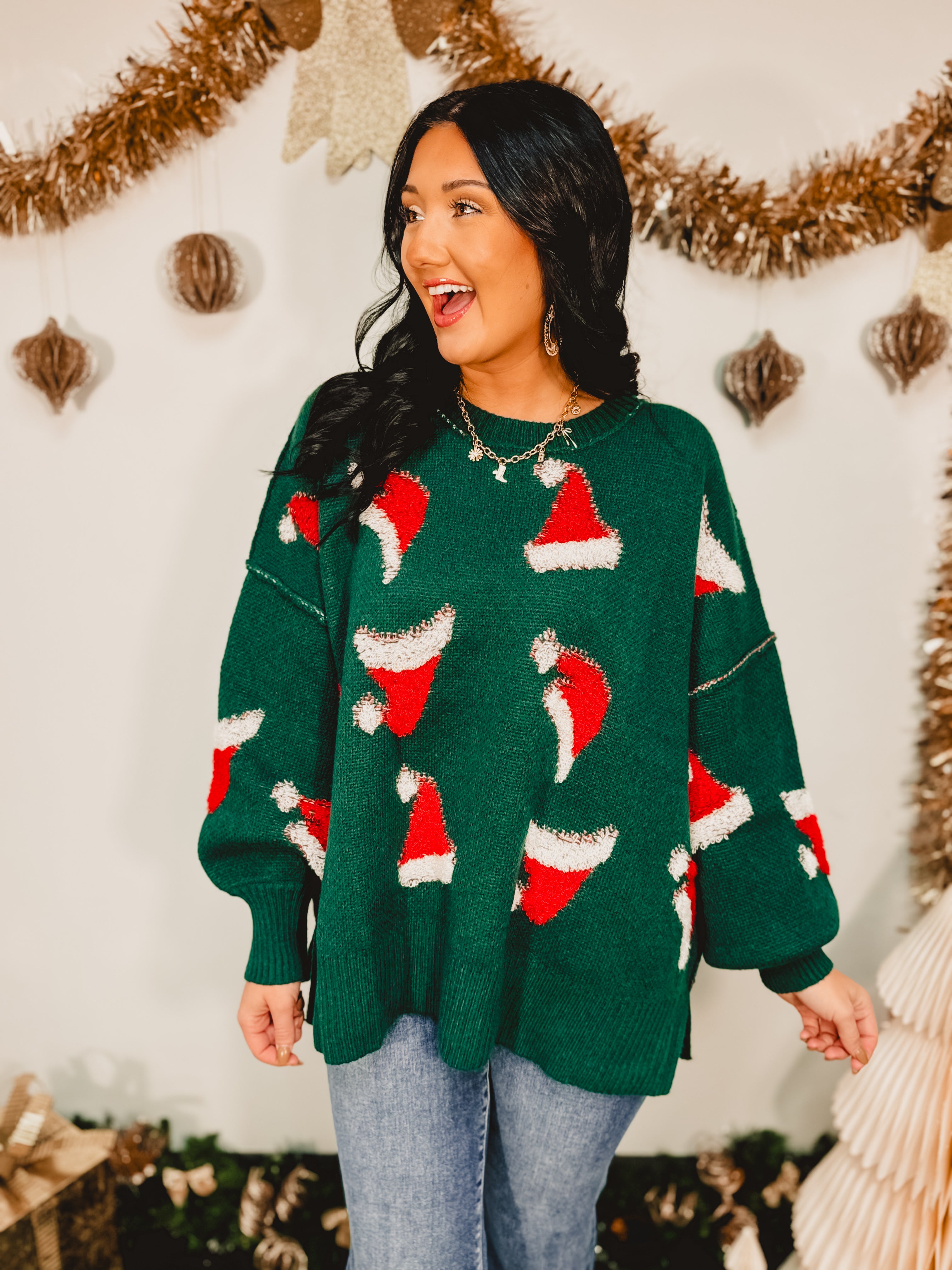 Santa Hat Exposed Seam Knit Sweater - Green - Lace and Grace Boutique