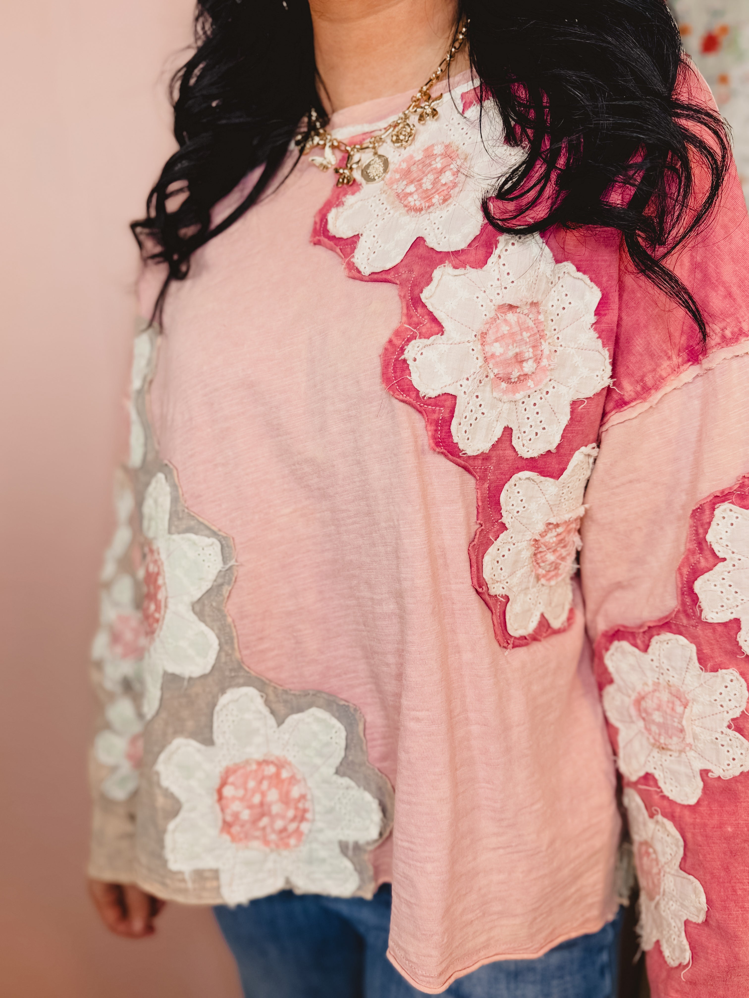 Oli & Hali Eyelet Flower Patch Top - Pink - Lace and Grace Boutique