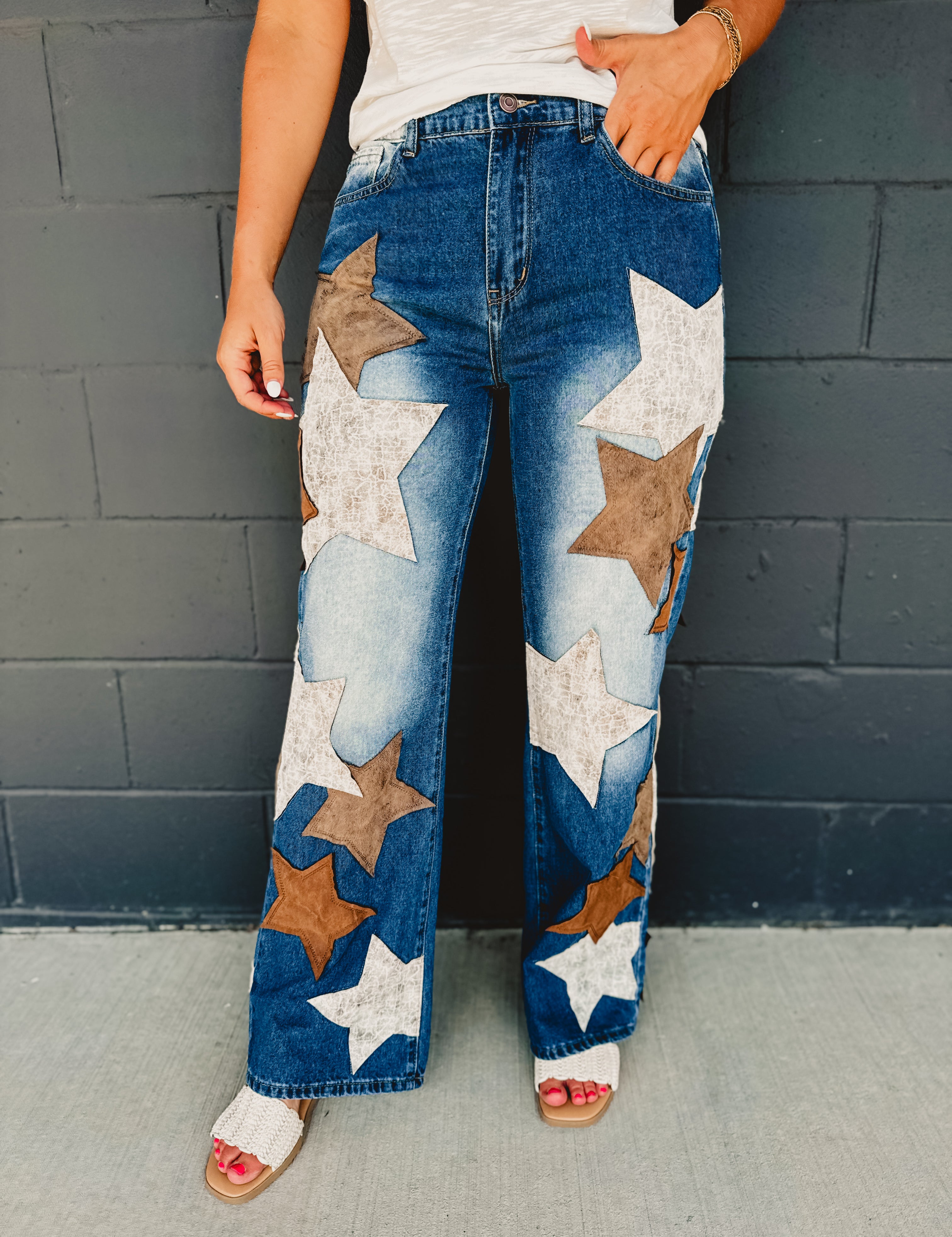 Oli & Hali Leather Star Patched Denim Jeans - Lace and Grace Boutique