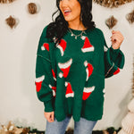 Santa Hat Exposed Seam Knit Sweater - Green - Lace and Grace Boutique