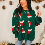 Santa Hat Exposed Seam Knit Sweater - Green - Lace and Grace Boutique