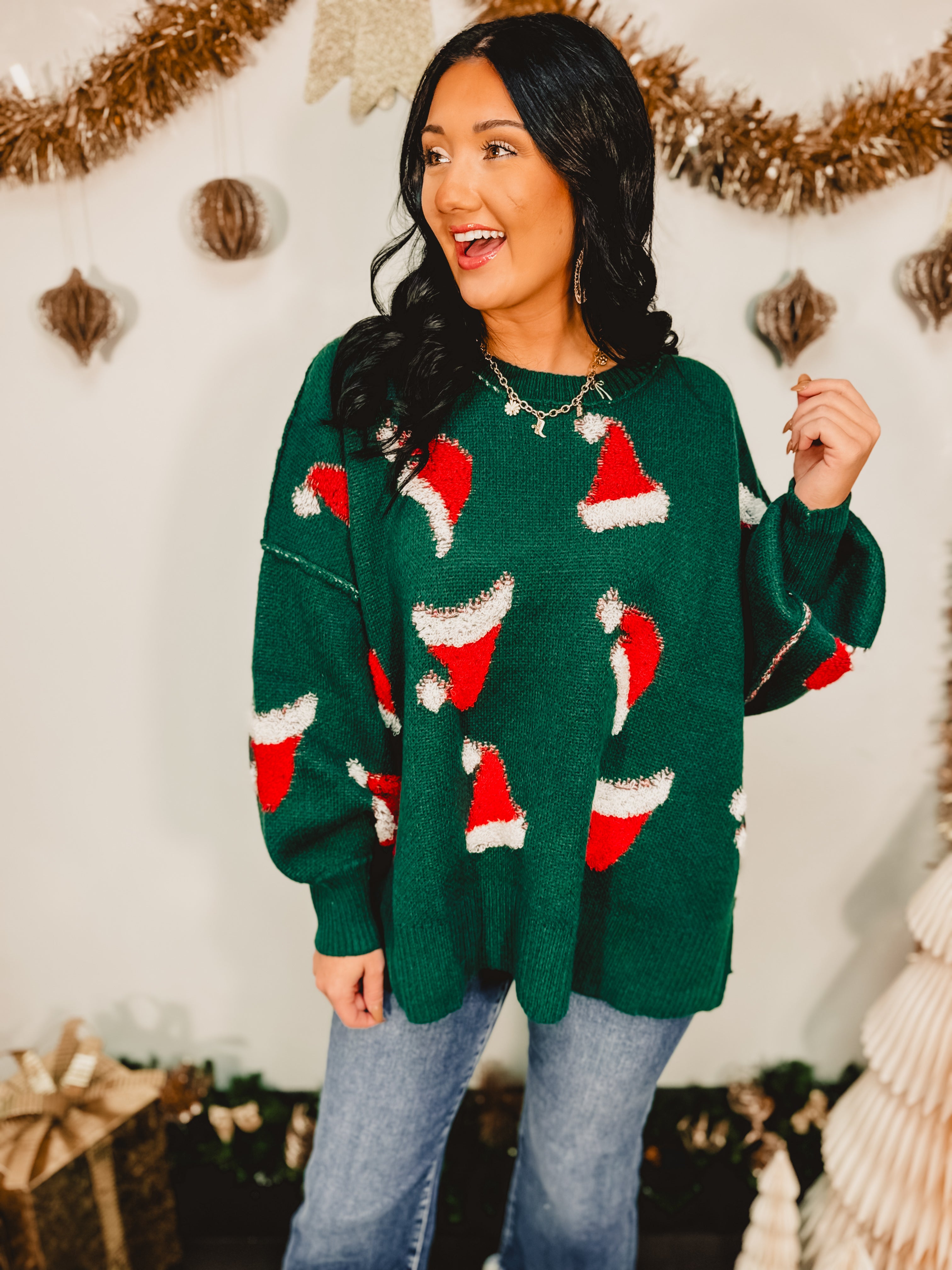Santa Hat Exposed Seam Knit Sweater - Green - Lace and Grace Boutique