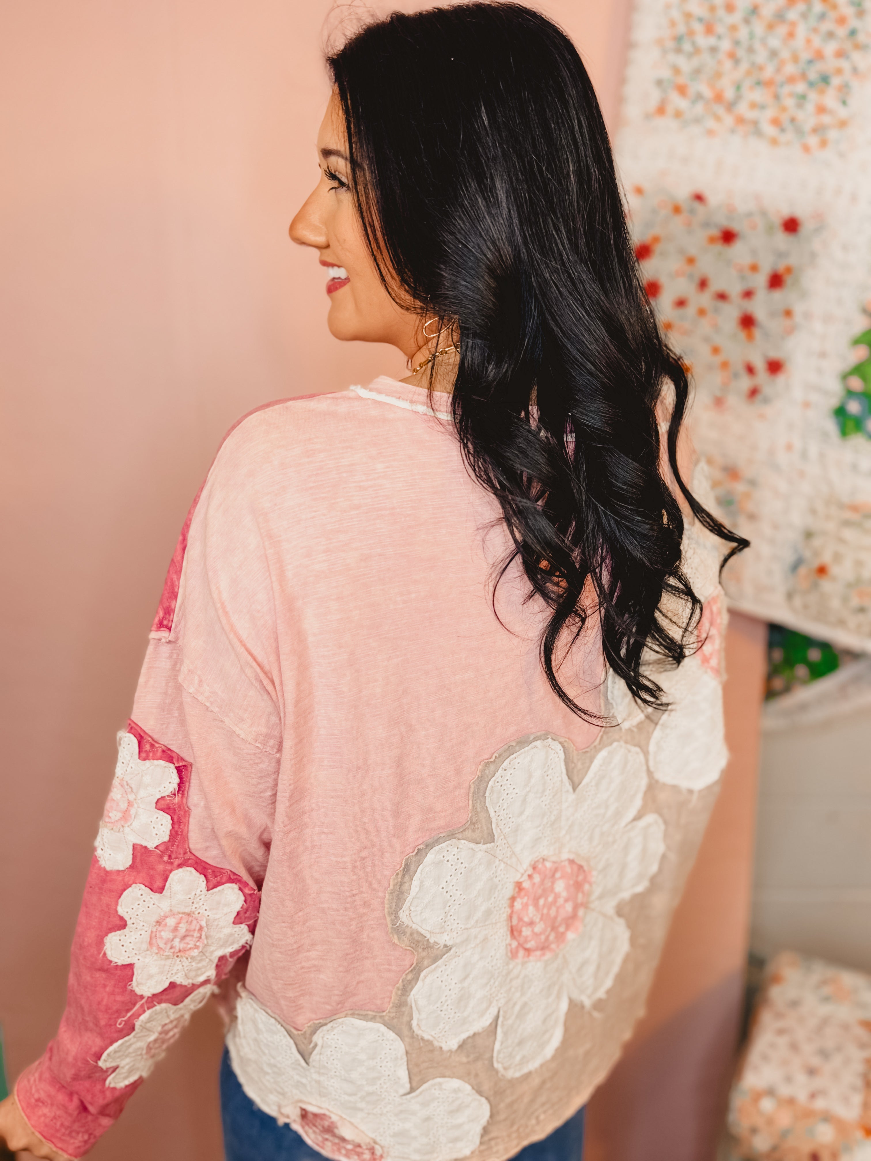 Oli & Hali Eyelet Flower Patch Top - Pink - Lace and Grace Boutique