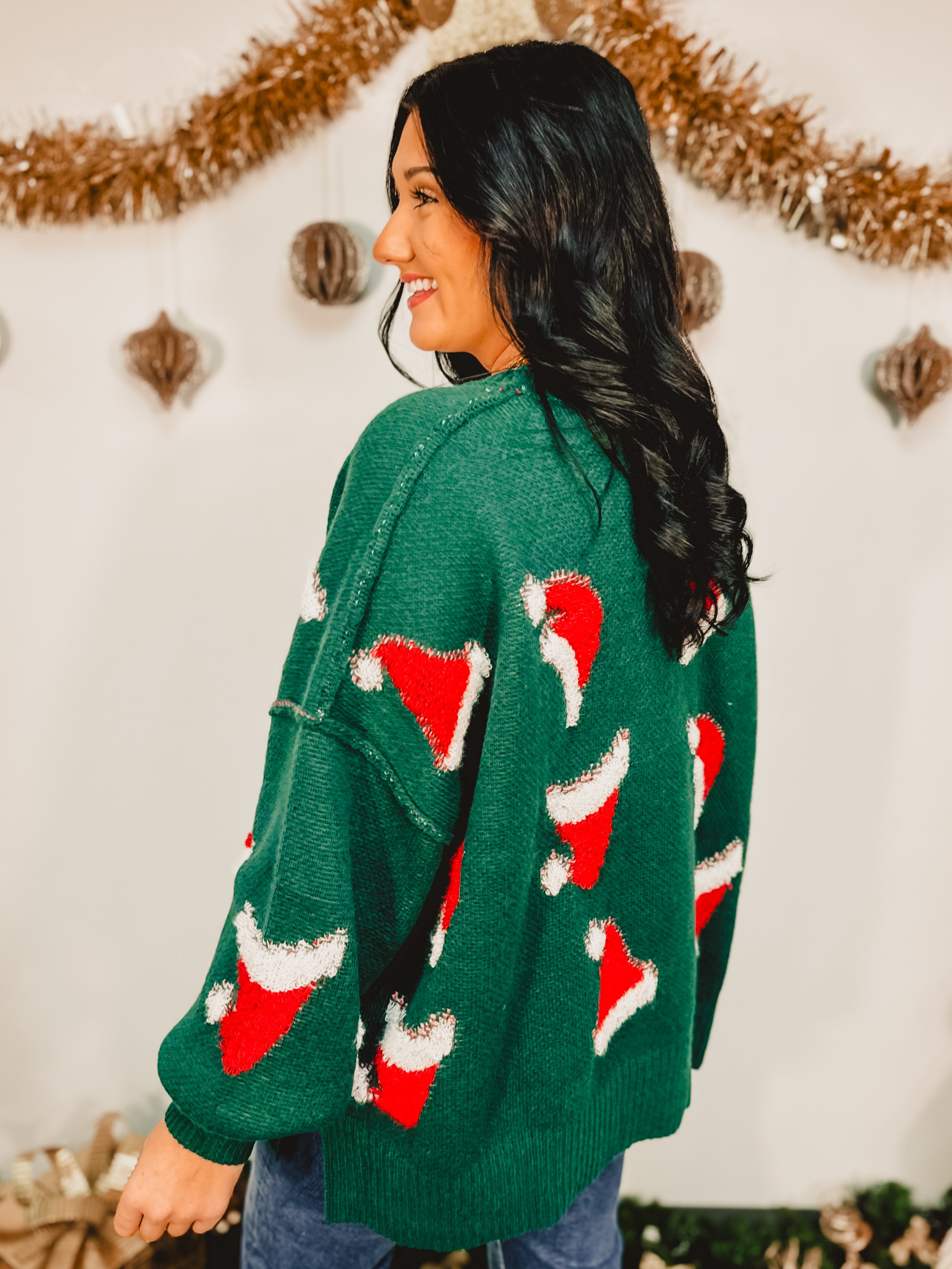 Santa Hat Exposed Seam Knit Sweater - Green - Lace and Grace Boutique
