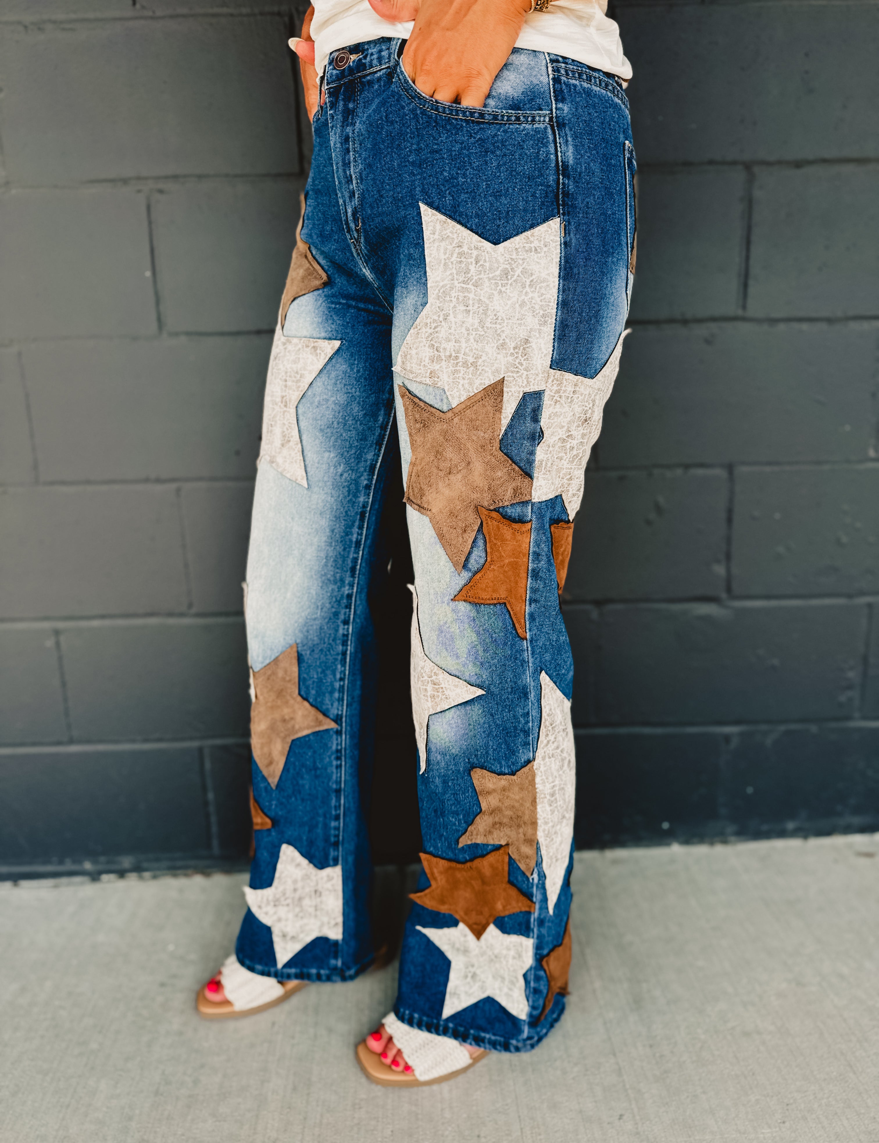 Oli & Hali Leather Star Patched Denim Jeans - Lace and Grace Boutique