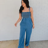 Smocked Denim Jumpsuit